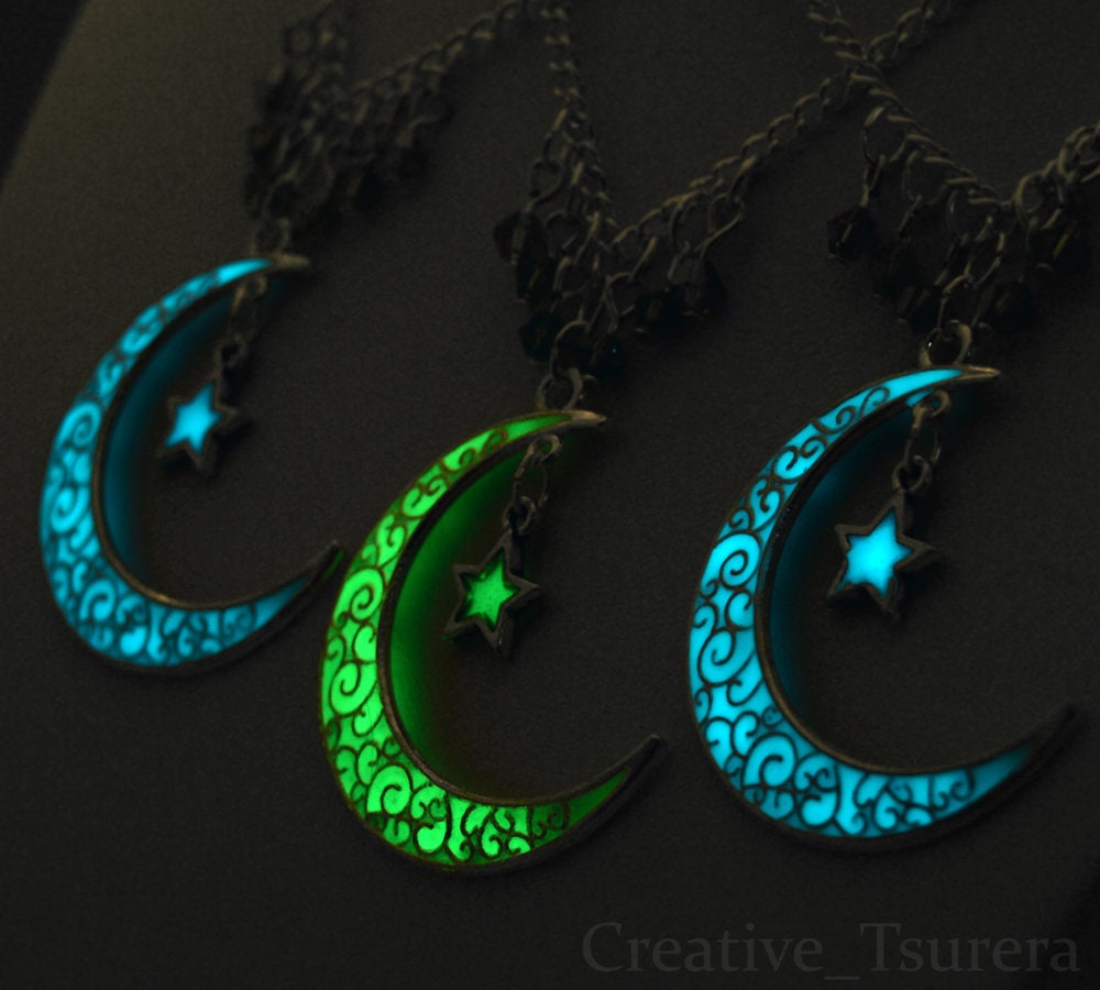 Glowing Moon Pendant - Crescent Moon and Stars Glow in the Dark Charm Necklace - Silver Glowing Green Blue Teal Star