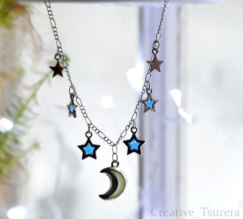 Glow in the Dark Charm Necklace - Starry Night Moon and Stars - Prom Christmas Valentine's Jewelry