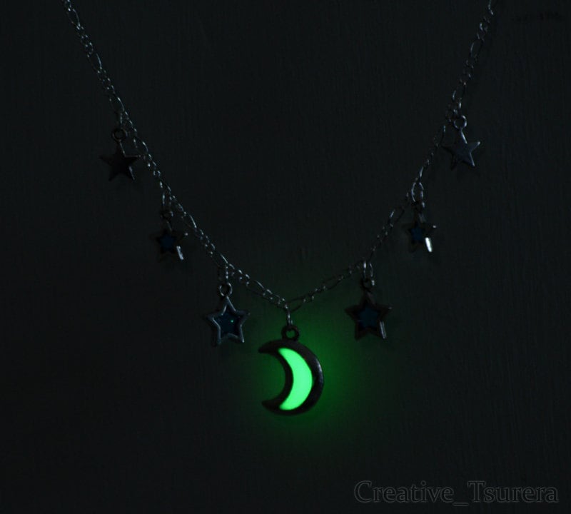 Glow in the Dark Charm Necklace - Starry Night Moon and Stars - Prom Christmas Valentine's Jewelry