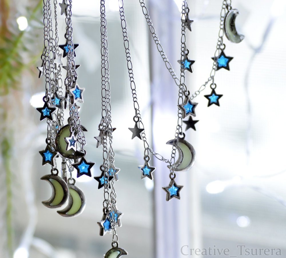 Glow in the Dark Charm Necklace - Starry Night Moon and Stars - Prom Christmas Valentine's Jewelry