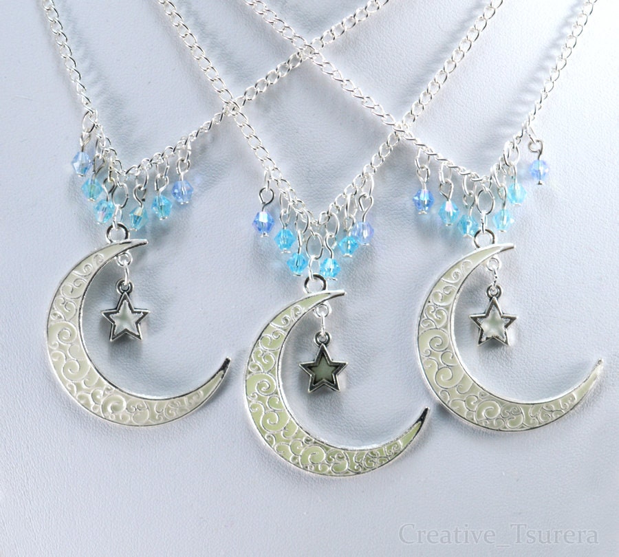 Glowing Moon Pendant - Crescent Moon and Stars Glow in the Dark Charm Necklace - Silver Glowing Green Blue Teal Star