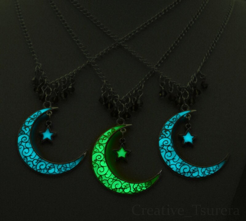 Glowing Moon Pendant - Crescent Moon and Stars Glow in the Dark Charm Necklace - Silver Glowing Green Blue Teal Star